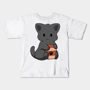 Black Cat with Coffee Short Tail Kids T-Shirt